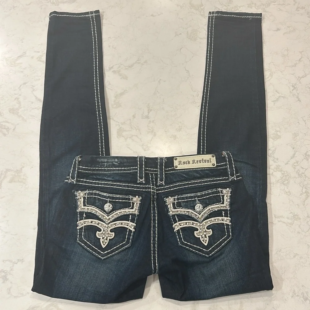 Rock Revival Karla Skinny Jean 27 Embellished Bling Low Rise Dark Wash - Picture 5 of 16